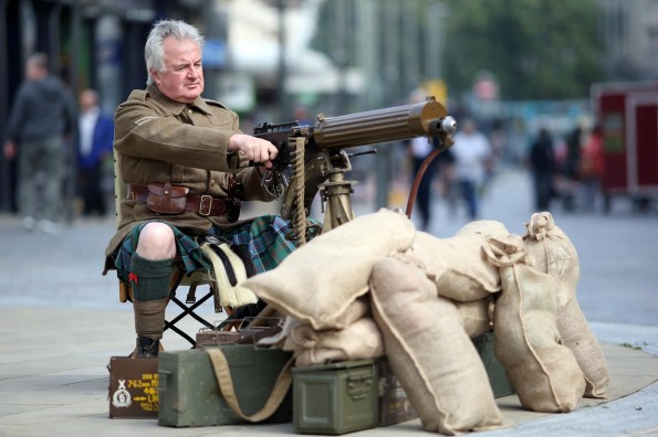 ARMS AT THE READY: John Sadler of Time Bandits dressed in period costume in Darlington town centre as part of the event. Picture: CHRIS BOOTH