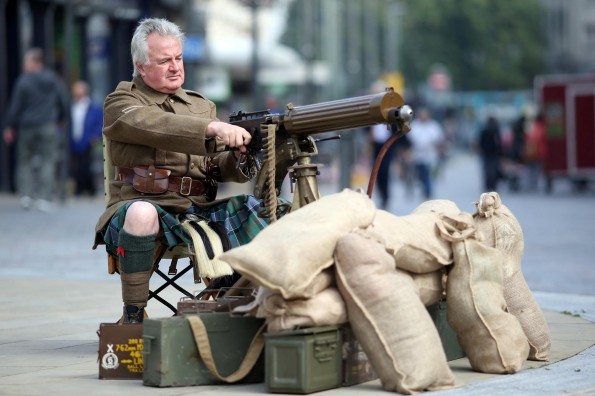 ARMS AT THE READY: John Sadler of Time Bandits dressed in period costume  in Darlington town centre as part of the event. Picture: CHRIS BOOTH