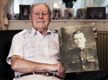 WORLD WAR ONE: Arthur Harris with a picture of his father, Quartermaster Sgt Alfred Harris. Picture: STUART BOULTON.