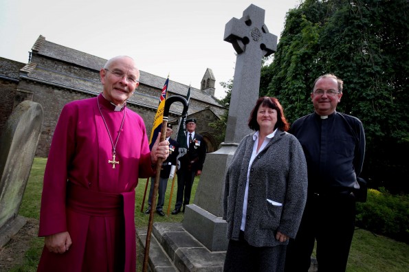 NEVER FORGOTTEN: The Right Reverend Mark Bryant, Bishop of Jarrow, left, joins Father Michael Gobbett and Julie Hall, chairwoman of Bishop Middleham Parish Council, at the re-dedication service of the war memorial at St Michael’s Church, in Bishop Middleham. Picture: DAVID WOOD