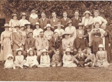 FAMILY WEDDING: A magnificent picture taken at Cargott Farm, Great Burdon, near Haughton-le-Skerne, on June 1, 1921, showing the wedding of Thirkell Dougill and Annie Blair – the happy couple are at the centre of the first seated row. Third from the right on the back row is Thomas Bamlett, who was shot through the neck in the First World War. Next to him is his mother, who lost two of her other sons in the war