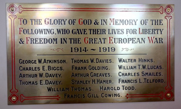IN MEMORY: The plaque at St Herbert's Church, Yarm Road, Darlington, carrying the names of 15 men from Darlington who died in the First World War