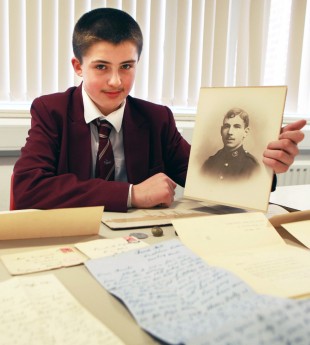 MEMORIAL EVENTS: Jack Maddison with some of his great great grandfathers belongings. Picture: SARAH CALDECOTT