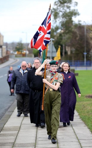 WAR DEAD REMEMBERED: Left, a parade and memorial service at Redworth Road, Shildon. Right, Luke Stodart, Simon Stodart, Kelvin Moore, Bradley Clarke (at the wheel), Will Stodart and Paul Browning, of the Yesterdays Heroes group, gather around a Ford Willy’s jeep at Locomotion, the National Railway Museum at Shildon. Picture: CHRIS BOOTH