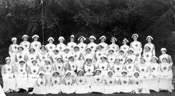 MINISTERING ANGELS: Brenda Wright’s picture of Darlington’s VAD nurses at their hospital at Woodside in the second half of the war. Brenda’s grandmother, Lilian Donald, is fourth from the left on the front row. The hospital commandant, Edith Petter, is seated in the centre just behind her