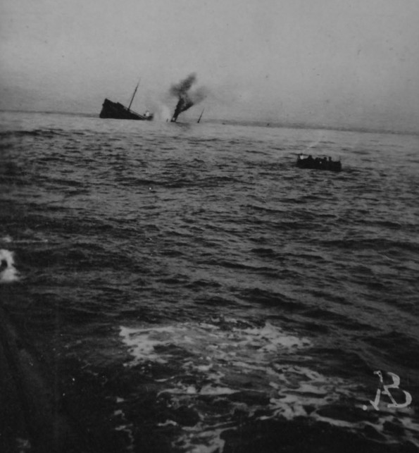 WATERY GRAVE: The sinking of an unknown Merchant Navy ship .Courtesy of the Imperial War Museum and Martin Spaldin