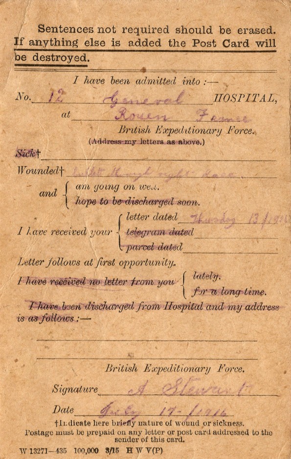 WOUNDED: July 17, 1916: The official notification that Abe had been shot through the knee on the Somme