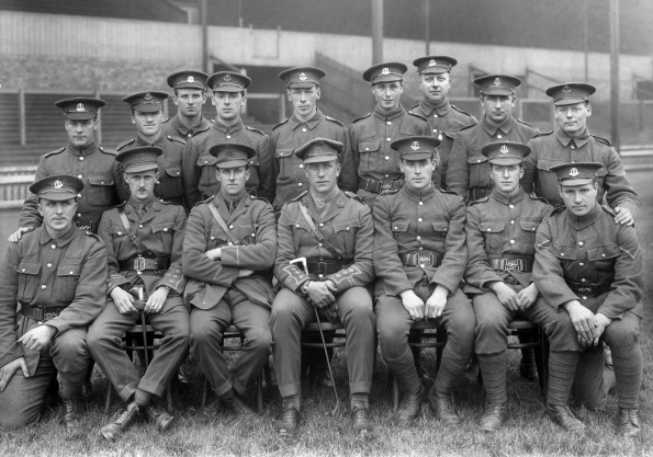 FIRST TEAM: This is probably the 17th (Football) Middlesex Battalion’s team which triumphed in the spring 1916 ‘Flanders Cup’, including Sid Wheelhouse, of Bishop Auckland, third from the right on the front row. His County Durham friend, goalkeeper Tommy Lonsdale, is fifth from the right of the back row. Back row, left to right: Sgt Percy Barnfather (Croydon Common), Pte William Jones, Pte William Booth, Pte George Beech (all three Brighton and Hove Albion), Pte Tommy Lonsdale (Southend United), Sgt Joe Smith (Chesterfield), Sgt Yeoval, Pte Frank Martin (Grimsby Town), Pte Jack Sheldon (Liverpool). Front: Pte Pat Gallacher (Tottenham Hotspur), Capt Edward Bell (Portsmouth), Lt Vivian Woodward (Chelsea) Capt Frank Buckley (Bradford City), Pte Sid Wheelhouse (Grimsby Town), Pte Tommy Barber (Aston Villa), L-Cpl Fred Bullock (Huddersfield Town)