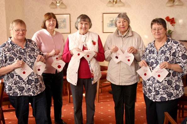 REMEMBRANCE QUILT: Members of  Sedgefield Family History Group are taking part in a national project to create a First World War memorial patchwork quilt. Pictured are; Sue Wade, Sylvia Hall, Ann Oliver, Nancy Smart and Trish Harrison. Picture: TOM BANKS