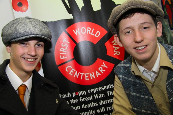 Students at St Michael’s Academy, Billingham, Ethan Hamilton, 15 and George Bailey, 15, both of Billingham, who acted out an enlistment scene to remember the events of the First World War