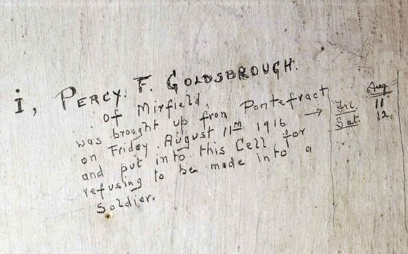 Percy Fawcett Goldsbrough was put into the cells for disobeying orders. Soon after making his mark on the cell wall he was court martialled, sentenced to 112 days’ imprisonment and transferred to Durham civil prison.