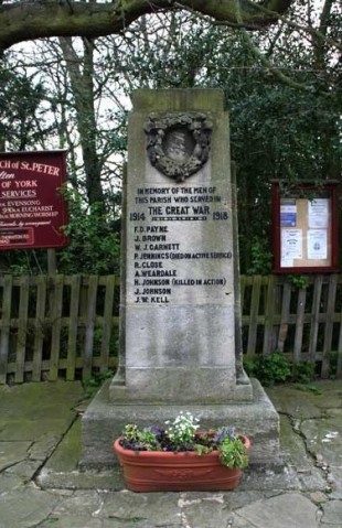 MEMORIAL: The war memorial in Hilton, near Yarm, which lists the men of the parish who served in the First World War. Private Henry Johnson is listed as killed in action.