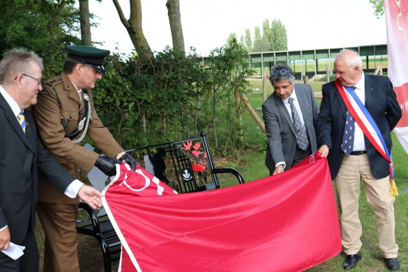 The unveiling by left to right Coun Edward Bell, chairman of DCC, Hon Col James Ramsbotham, Honorary Colonel James Ramsbotham, chairman of the DLI trustees, Laurent Somon, leader of the Somme regional council, Max Potie, mayor of Thiepval