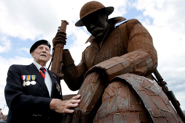 Jack Watson, 91, from Silksworth in Sunderland attends the First World War commemoration event in Seaham wearing his medals (right) and those of his father, Jacob Watson (left) who served in the Royal Medical Corps during WW1