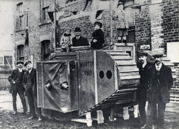 Replica tank outside the Miners' Hall, Murton, 1918
