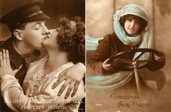 Left, an undated smoochy card in which Abe tells Eva of his fears of being 'nocculated'. Right, Greetings from France, where attractive-looking women are doing men's work at the wheel of a wagon