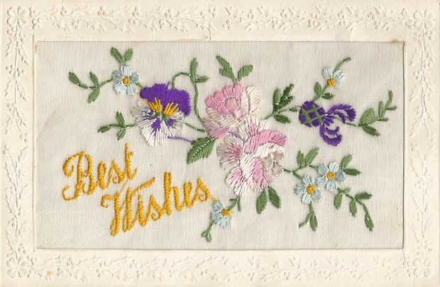 A silk First World War Christmas card sent from Tom Carr, ‘somewhere in France’ to wish Mrs Williams a Merry Christmas