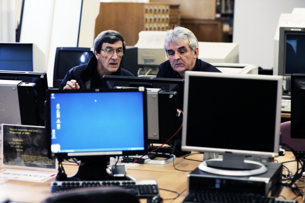 HISTORY SEARCH: Darlington resident Phil Anwyll talks to historian Stephen Nicholson during a First World War drop in event at the town's library. Picture: STUART BOULTON.